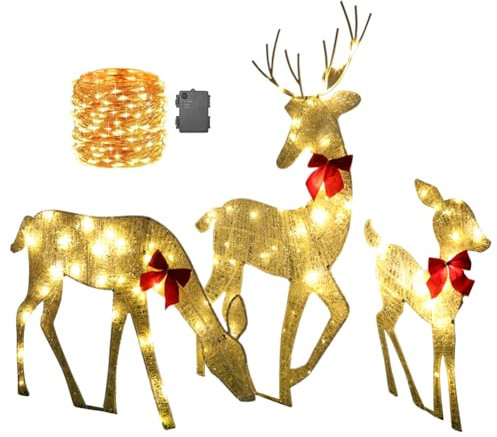 Junerain 3 teilige LED Rentier Familie Weihnachtsdekoration,Beleuchtete Weihnachts Rentiere mit 10 M 100 LEDs Fernbedienung Lichterkette 8 Modi Wasserdicht,Weihnachtsbeleuchtung Außen Innen