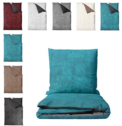 one-home Winter Bettwäsche Unifarben Teddy Plüsch Cashmere Touch Nicki Coral Fleece Flauschig Kuschelig Warm Weich, Farbe:Wende Petrol/anthrazit, Größe:4 teilig 135x200 cm