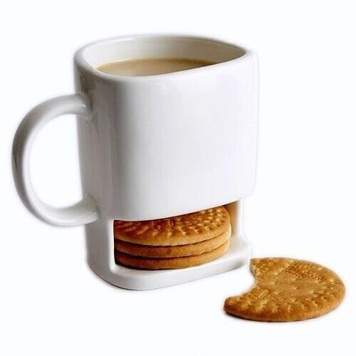 Tazza da Colazione con Porta Biscotti, Mug in Ceramica con Scomparto per Biscotti, Idea Regalo Originale per Cappuccino Latte Tè Caffè, Tinta Unita Semplice ed Elegante, Capacità 200 ml, Bianco, 10 cm