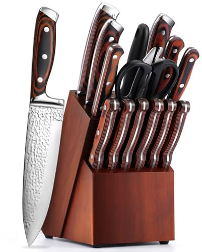 LOIVIYA 15 Pieces Knife Block Set, Sharp Kitchen Knife Sets Chef Knife Set with Block, High Carbon Stainless Steel Knives Set Knife Set with Sharpener, Kitchen Knives Set with Wooden Block