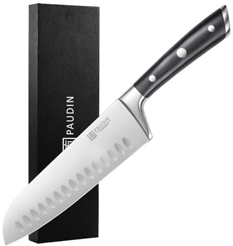 PAUDIN Coltello Santoku 17 cm Coltello giapponese professionale da cucina in acciaio inossidabile tedesco ad alto tenore di carbonio affilato super duro durevole impugnatura ergonomica