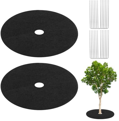 M METERXITY 2-Pack Non-Woven Tree Mulch Ring, 16.5 Inch Reusable Tree Protector Mat W 12 Garden Stakes for Landscape Control Plant Root Protection Tree Ring Weed Fabric Cover [Black]