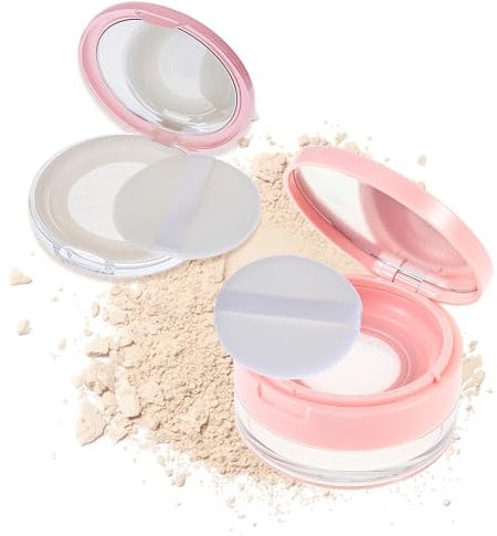 TIESOME 2Pcs Loose Powder Container, Reusable Plastic Empty Powder Case Portable with Puff Loose Face Powder Compact Case with Mirror Makeup Powder Holder