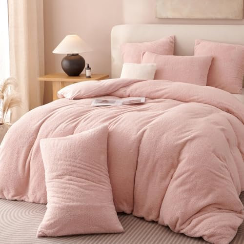 Lanqinglv Plüsch Bettwäsche 135x200 Teddy Fleece Rosa Flauschige Bettwäsche Set Cashmere Touch,ÖKO-TEX Warme Winterbettwäsche Thermo Wende Bettbezug und 1 Kissenbezug 80x80 cm mit Reißverschluss