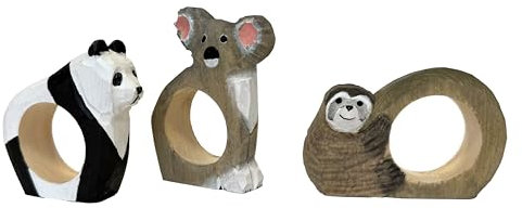 your castle Serviettenringe|Handgeschnitzt|Tierdesign - Koala, Panda, Faultier|3er-Set|aus Holz|Handbemalt|Vielseitig einsetzbar|mit Standfestem Boden|8x6x2 cm