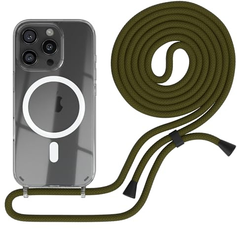 EAZY CASE - Handykette kompatibel mit iPhone 16 Pro Kette zum Umhängen Stoßfest Handyhülle für Apple iPhone 16 Pro Silikon Hülle mit Band Handytasche Transparent als Fallschutz in Grün - Clips Schwarz