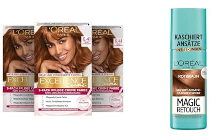 L'Oréal Paris Haarfärbe- und Ansatz-Kaschierset, 3x Permanente Haarfarbe Excellence Creme, 6.41 Helles Caramelbraun und 1x Ansatz-Kaschierspray Magic Retouch, Rotbraun, [Amazon Exclusive Set], 4-tlg