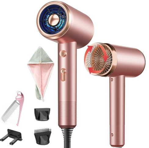 Sèche-cheveux ionique professionnel, Hair Dryer, Serviette Cheveux, Brosses à cheveux pliantes, Séchoir Cheveux seche cheveux bouton chaud/froid, 3 niveaux de chauffage, 3 niveaux de vitesse (Or rose)