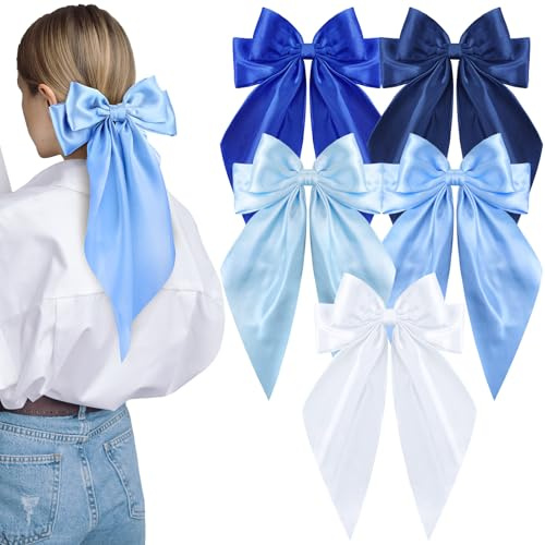 5 Pcs Blue Hair Bows for Women, Silky Satin Large Hair Clips for Girls, Long Tail Hair Ribbon Accessories