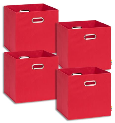 Storanda | 4er Set Aufbewahrungsbox 33x33x32.5 cm | Breite Griffe auf zwei Seiten | Stabil & Faltbar | Regalbox für Würfelregal | Ideal für Zuhause & Kinderzimmer | Dunkelrot