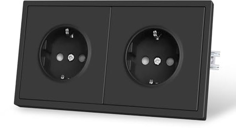 CNBINGO Enchufe doble con garras tensoras – Enchufe Schuko doble empotrado – 2 enchufes con protección de contacto – Placas de plástico con tacto – 80 mm x 150 mm – Negro