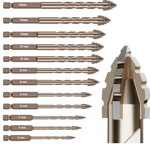 12Pcs Serrated Masonry Drill Bit Set (3-16mm) – Titanium Coated High-Speed Steel, Eccentric Flute Design for Dry Drilling Concrete, Tile, Glass, Brick & Metal – Industrial & Household Use
