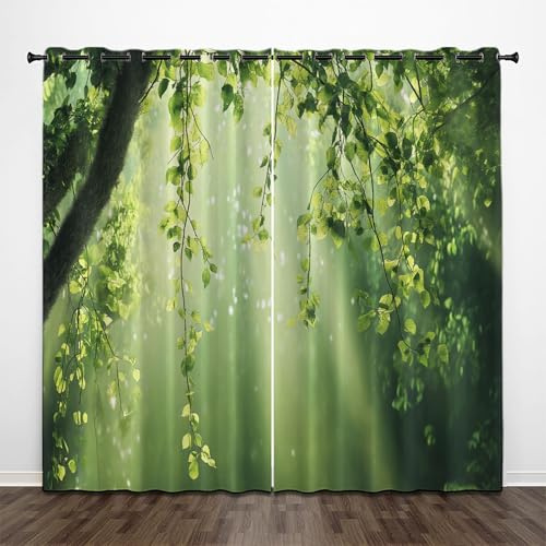 CEDNXOER Sonnenschein Reben Bedruckte Verdunkelungsvorhänge H 200 x B 70 cm (2er Pack) mit Ösen Blickdicht Wald Muster Privatsphäre Gardinen für Wohnzimmer Grün Fenstervorhänge