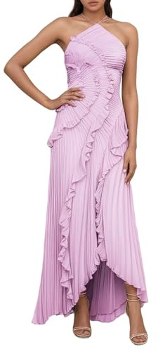 Generisch Abito da donna senza maniche con fettuccia sul collo, in tinta unita, elegante, maxi abito con volant, design avvolgente, spacco laterale, abito da sera estivo, abito da cocktail, viola., XS