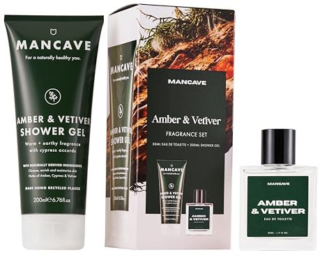 ManCave Amber & Vetiver Men's Fragrance Gift Set, 50ml Amber & Vetiver Eau de Toilette, 200ml Shower Gel, Perfume Set, Mans Fragrance kit, present idea for him