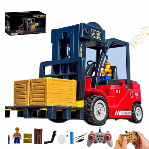 Carrello Elevatore Rc con Luci, Escavatore Telecomandato con Rimorchio, Set di Giocattoli da Costruzione Ricaricabile con Camion a Pianale E Gru, con Suono E Luci Spray(Forklift+Crane,Battery*2)