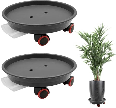 Pack of 2 Plant Rollers with Wheels, 30 cm Heavy Plant Table with Water Tray, Load Capacity 36 kg (Dark Grey, 30 cm)