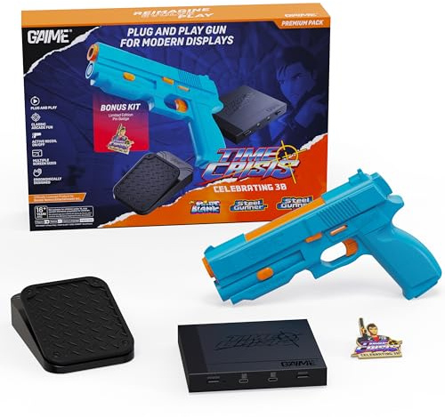 G’AIM’E Premium Lightgun Arcade System – Time Crisis, Point Blank & Steel Gunner Pre-Installed – Plug & Play Retro Gaming Console for Modern TV & Projector – Includes Foot Pedal