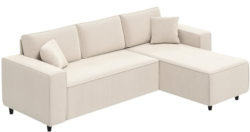 HOMCOM Canapé d'angle réversible en Velours côtelé, 241x153x83cm, canapé 3 Places en L avec Coussin à Ressorts, Style Moderne, Charge maximale 450Kg, pour Salon et Chambre, crème