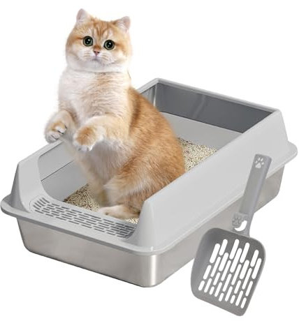 Bandeja De para Gatos, Bandeja De Antisalpicaduras Acero Inoxidable con Recogedor, Accesorios Mascotas Antiadherente para Gatos Grandes Medianos Pequeños, Jardín Terraza Balcón