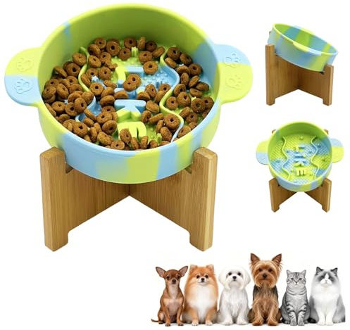 Daily Treasures Slow Feeder Cat Bowl with 15° Raised Bamboo Stand, Silicone Food Dish for Wet & Dry Food,Anti Vomit Interactive Pet Dish,Non-Slip Puzzle Food Bowls for Cats & Small Dogs(Blue & Green)