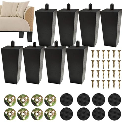 Jinfanshurich 8 Stück Möbelfüße Holz 10cm, Sofa Füße, Füße für Möbel, Massive Möbelbeine mit M8 Gewindebolzen, Montageplatten & Gummipads, Möbelfüße 10cm für Bett, Couch, Schrank, Kommode