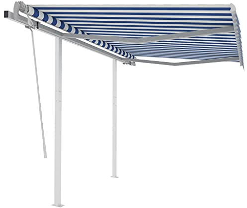 Manuell Einziehbare Markise mit stabilen Pfosten 3,5x2,5 m, Blau & Weiß, UV- & Wasserabweisend, für Terrasse & Balkon