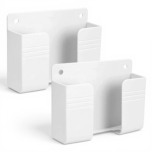 TIESOME 2 Pcs Wall Mount Phone Holder, Plastic Self-Adhesive Phone Stand with Cable Hole for Charging, Remote Control Storage Box (White, 3.74x2.95x0.98 In)