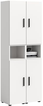 xonox.home – Wohnkombination The One 65x178x34 cm in Weiß Nachbildung – Hohes schmales Regal mit 4 Türen – 10 Fächer inklusive 2 offener Zonen garantieren eine platzsparende Lagerung in kleinen Räumen