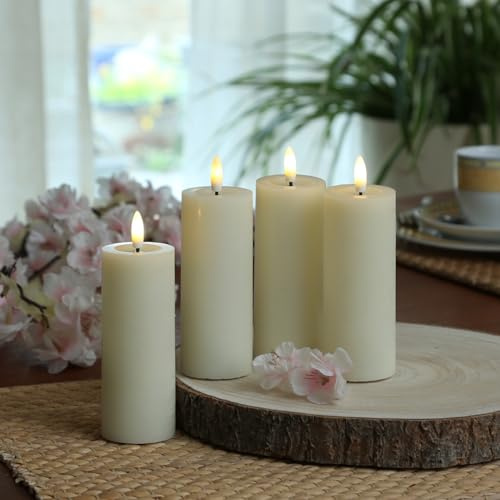 ADILINA LED Kerzen Rustik-Optik 4er Set creme Echtwachs Stumpenkerzen mit TImer Kerzenset Wachskerzen (Set 4x12,5cm - D: 5cm)