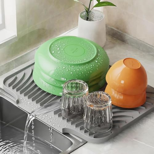 Svarvns Silicone Dish Drying Mat 16.9 x 13, Draining Mat for Kitchen | Drainer Mat with Drainage Ridges Grooves, Non-Slip Sink Dish Drainer Mat Portable and Reliable Support, Medium - Grey