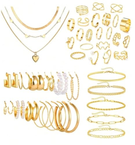 ZXTGBQ 54 Stück Schmucksets für Damen, Schmuckset Gold für Frauen, Goldschmucksets Bestehend aus Halskette Armband Ring und Ohrringen, Ideal für Valentinstag Geburtstag