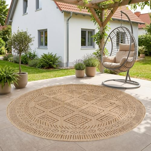 SIMPEX Outdoor Teppich Beige Jute Optik Rund 200 cm Balkon Terrasse Garten Wetterfest UV-beständig Groß XL Rauten Design Flachgewebe Pflegeleicht Robust Modern
