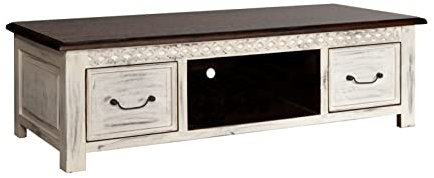 MASSIVMOEBEL24.DE | Castle-ANTIK massives TV-Board #237 - Weiß, gewachst | aus Mangoholz + Akazienholz antik | 135x60x40cm mit 2 Schubladen - 1 offenes Fach | Lowboard