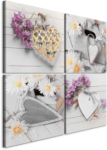 B&D XXL - Wandbilder Set Herzen 60x60 cm 4 Teilig je 30x30 Vlies Leinwandbild Kunstdruck modern Wandbilder XXL Wanddekoration Design Wand Bild mehrteilig - Blumen skandinavisch grau weiß