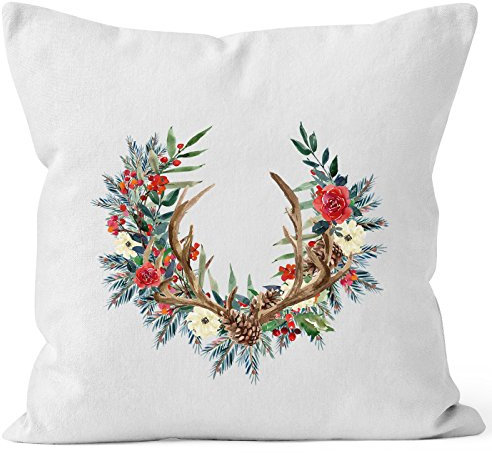 Autiga Kissenbezug Weihnachten Weihnachtskranz Geweih Hirschgeweih Blumen Gesteck Kranz Misteln weiß 40cm x 40cm