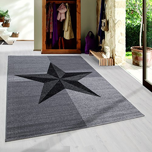 SIMPEX Teppich 80x300 cm Grau Kurzflor Stern Design Moderner Läufer für Wohnzimmer Schlafzimmer Flur Küche Esszimmer Kinderzimmer Pflegeleicht Weich