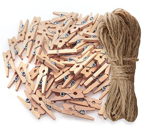 Maxi-Solutions 60 Mini 3.5cm Wooden Pegs and 1200cm Jute Twine String, Stylish Way of Hanging Photos - Also Suitable to Hang Small Christmas/New Born/Birthday/Anniversary Cards
