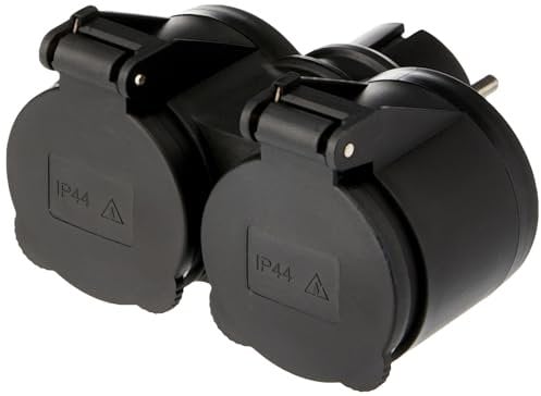 Electraline 55074 Adattatore da Esterno 2 prese Schuko, Resistente all'acqua IP44, Spina tedesca, Multipresa 2 posti schuko con tappo, Nero