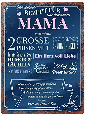 Casa Vivente Wandschild mit Aufdruck, Rezept Mama, Personalisiert mit Namen, Tafel aus Aluminium, Wohn-Dekoration
