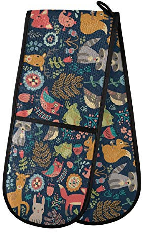 Animal Fox Deer Flower Double Oven Mitt Pot Holder Heat Resistant Quilted Double Oven Gloves for Catering Chef Kitchen Home Microwave BBQ
