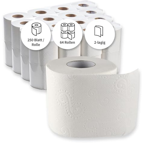 Franz Mensch HygoClean Toilettenpapier, Kleinrolle, 2-lagig, hochweiß, | Zellulose, 64 Rollen je 250 Blatt, 28,75 Laufmeter, ⌀ 10cm, WC-Papier, Klopapier