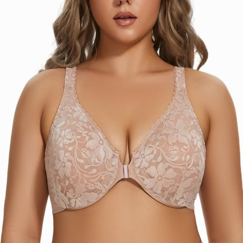 MELENECA Women's Front Fastening Underwire Plus Size Racerback Non Padded Sexy Lace Bra Beige 42F