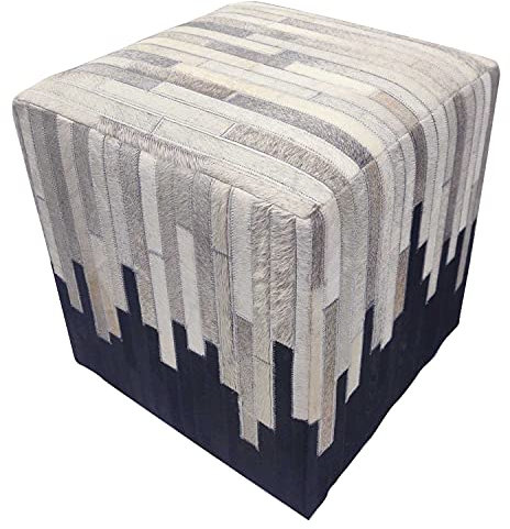 Patchwork Fell-Hocker Sunil 45x45x48 cm (B/T/H) aus echtem Fell & Holz Luxus Sitzhocker quadratisch Pouf edel Polsterhocker HH5605