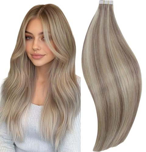RUNATURE Echthaar Tape Extensions Blond Highlights Menschliches Haar Tape in Extensions Echthaar 45cm 20 Stück 50g Tape Extensions Echthaar Graublond Mit Platinblond #19AP60