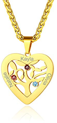 Custom4U Personalised 7 Name Necklace-Stainless Steel Gold Tree of Life Chain-Love Heart Birthday Gifts for Mum Birthstone Pendant