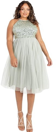 Maya Deluxe Women's Ladies Midi Dress with Halter Neck Tulle for Evening Graduation Prom Wedding Bridesmaids Ball Gown, Green Lily, 24