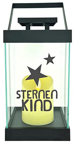 WB wohn trends Edle Glas-Laterne mit LED-Kerze, Sternenkind Sterne Trauer, Timer, 35cm hoch mit Bügel, 24,5x13x13cm, Batterie LED-Licht LED-Laterne LED-Lampe mit Text Spruch Trauer-Licht