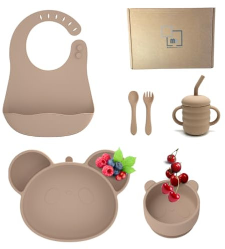Set Vajilla Silicona Bebe con Plato Ventosa Vaso Aprendizaje Cubiertos Y Babero - Vajilla Bebe Silicona Sin BPA Y Antideslizante Para Niños Para Aprender