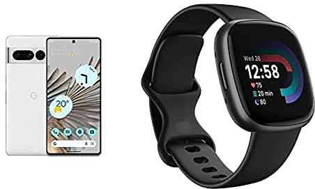 Google Pixel 7 Pro – Unlocked Android 5G smartphone with telephoto lens, wide-angle lens and 24-hour battery – 256GB – Snow + Fitbit Versa 4 Fitness Smartwatch, compatible with Android and iOS